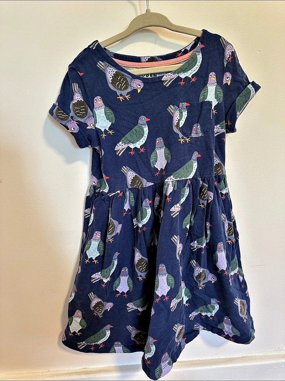 Mini Boden Fun Jersey Dress in Starboard Navy Pigeons (7-8)